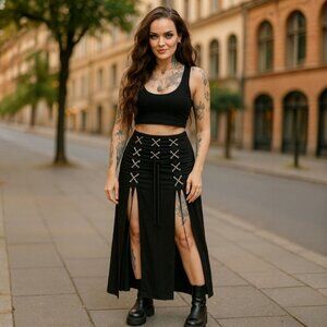 Oh Yes ✦ Lace‑Up High Waist Slit Skirt ✦ Black Bodycon Gothic Streetwear Edge M